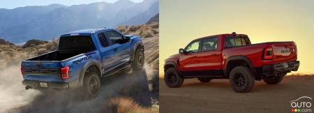 Ford F-150 Raptor 2020 et Ram 1500 TRX 2021, trois quarts arrière